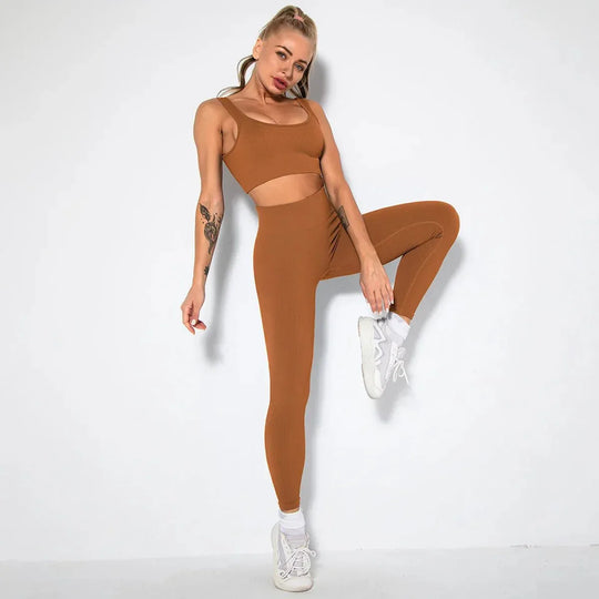 Summer Seamless Fitness Set - Sexy UV Neck Top With Leggings Activewear 2 Piece Women’s Gym Outfit - Allen-Fitness