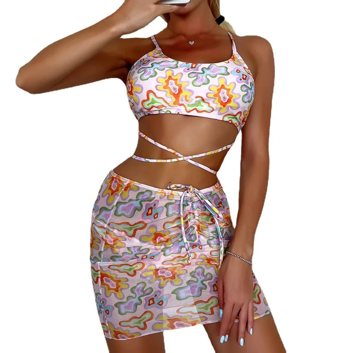 Women Swimwear High Waist Halter Logo Printed Swimwear in Turkey 3 Piece Bikini New Print Lace Up Swimsuit Cover Up - Allen-Fitness