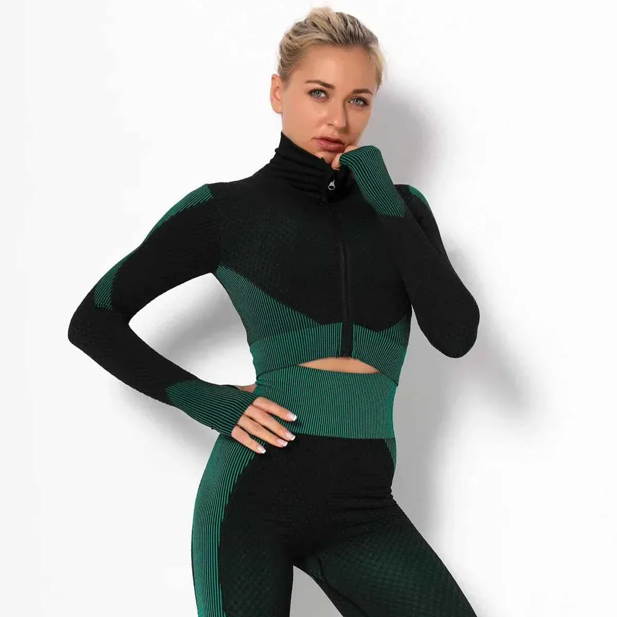 Women High Collar Long Sleeve Fitness Jogger Clothes Running Sportswear with Zipper - Allen-Fitness