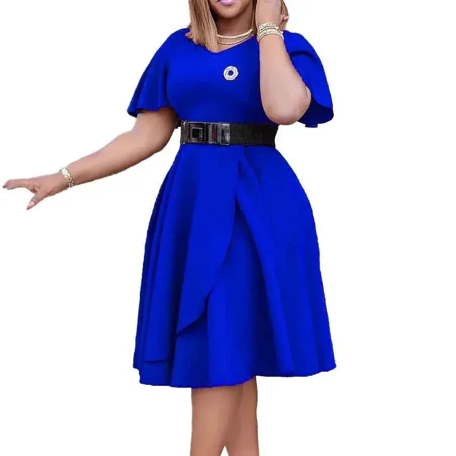 V Neck High Waist Loose Plus Size Dress with Asymmetric Hem - Allen-Fitness