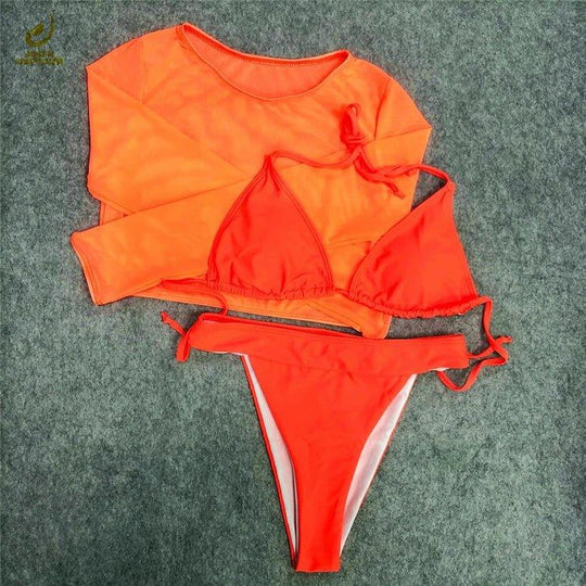 Three-Piece Plus Size Swimwear Set with Long-Sleeve Cover-Up - Allen-Fitness