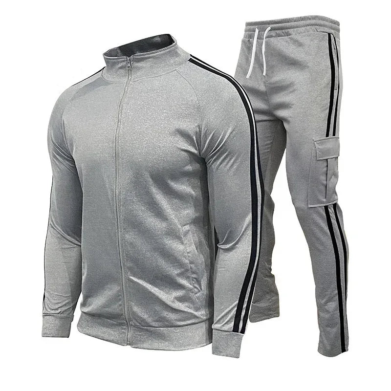 Men's Jogging Plus Size Sport Set with Three Stripes Zippered Collar - Outdoor Fitness Suit - Allen-Fitness