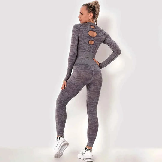 Women’s Camouflage Activewear Yoga Suit - 2 Pc Backless Long Sleeve Top &amp; Seamless Leggings Set - Workout Clothes for Women - Allen-Fitness