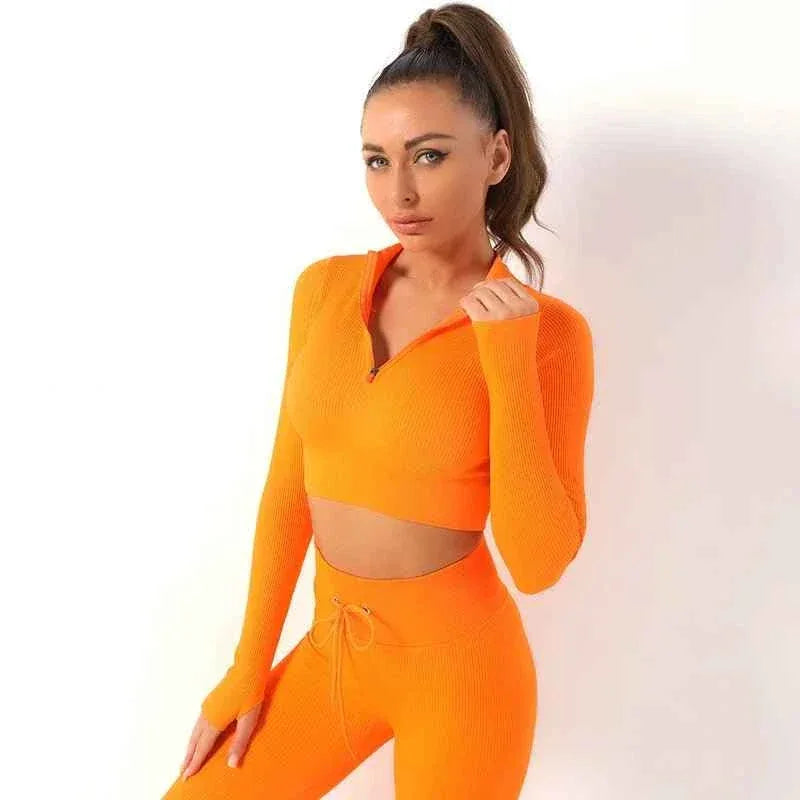 Women Sports Outfit Gym Fitness Long Sleeve Activewear Wear Workout 2 Pcs Set Elasticity Gym Workout Yoga sets For Women - Allen-Fitness