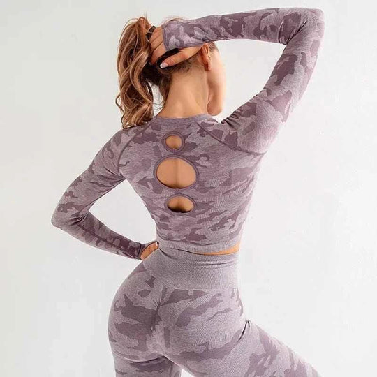 Women’s Camouflage Activewear Yoga Suit - 2 Pc Backless Long Sleeve Top &amp; Seamless Leggings Set - Workout Clothes for Women - Allen-Fitness