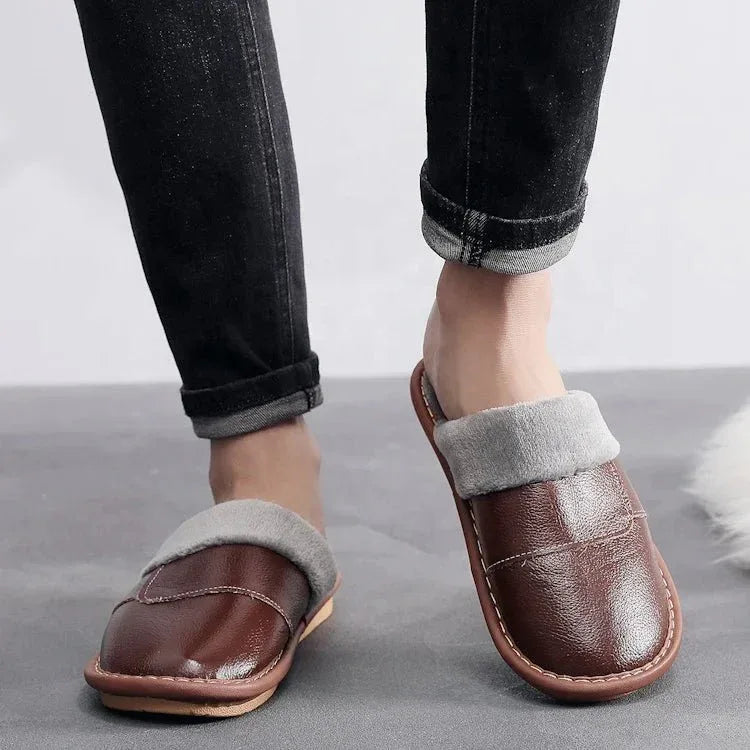 Winter genuine leather mens flip flops with custom logo leather slippers - Allen-Fitness