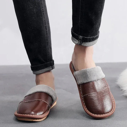 Winter genuine leather mens flip flops with custom logo leather slippers - Allen-Fitness