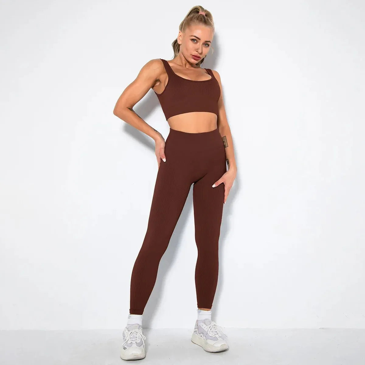 Summer Seamless Fitness Set - Sexy UV Neck Top With Leggings Activewear 2 Piece Women’s Gym Outfit - Allen-Fitness