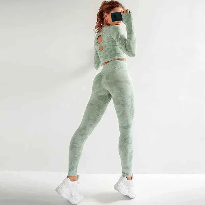 Women’s Camouflage Activewear Yoga Suit - 2 Pc Backless Long Sleeve Top &amp; Seamless Leggings Set - Workout Clothes for Women - Allen-Fitness