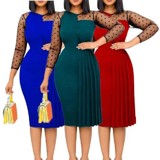 Fashion Mesh Splicing Slim Warp Hip Split Women Office Dress - Allen-Fitness
