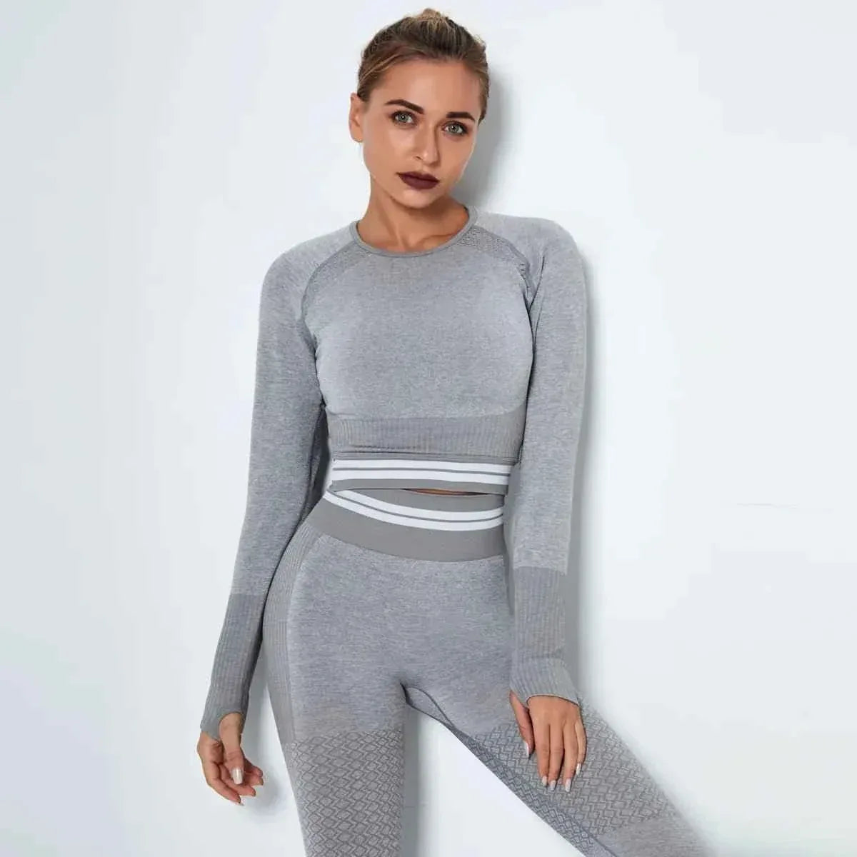 Women's Waist Stripe Seamless Yoga Top for Gym - Long Sleeve Fitness Leggings Shirt - Allen-Fitness
