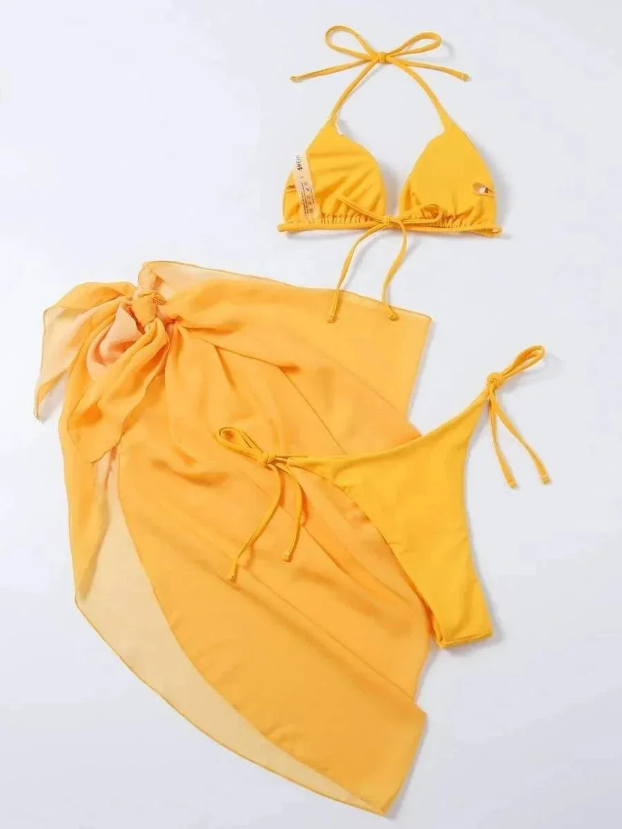 Hot Basic 3-Piece Halter Swimsuit Bikini Set - Two Piece Design - Swimwear - Allen-Fitness