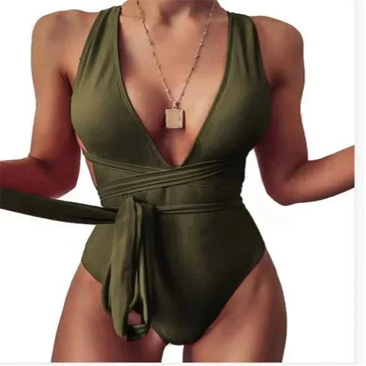 Women Fashion new style Pure color deep v Backless Sexy lace up one-piece swimwear - Allen-Fitness