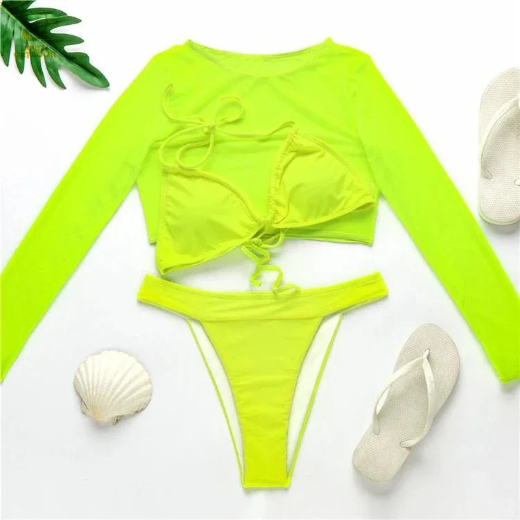 Three-Piece Plus Size Swimwear Set with Long-Sleeve Cover-Up - Allen-Fitness
