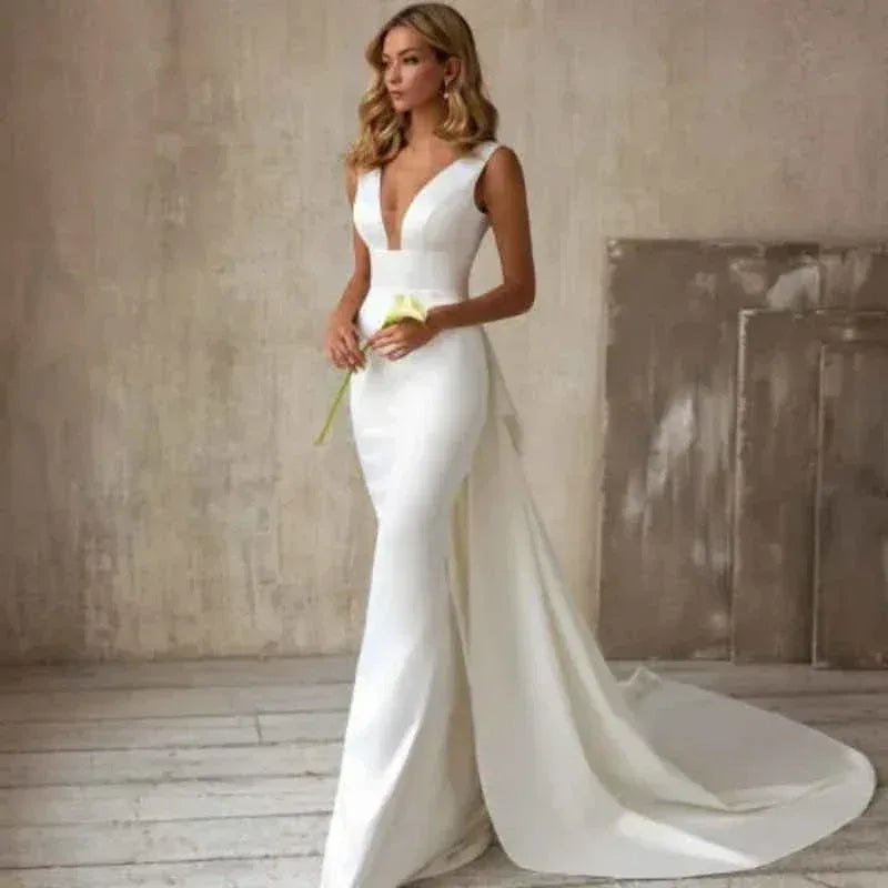 Elegant white V-Neck Evening Dress Women Fine Lace Party Ball Gown Sexy Princess Dress Wedding Gowns Girl - Allen-Fitness