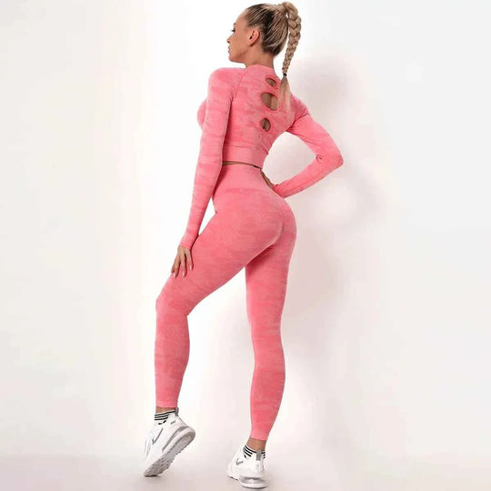 Women’s Camouflage Activewear Yoga Suit - 2 Pc Backless Long Sleeve Top &amp; Seamless Leggings Set - Workout Clothes for Women - Allen-Fitness