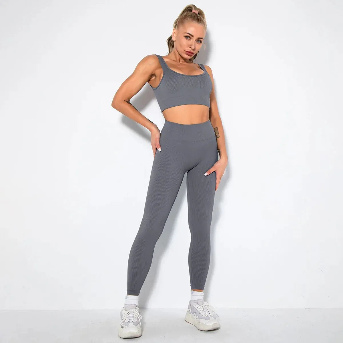 Summer Seamless Fitness Set - Sexy UV Neck Top With Leggings Activewear 2 Piece Women’s Gym Outfit - Allen-Fitness