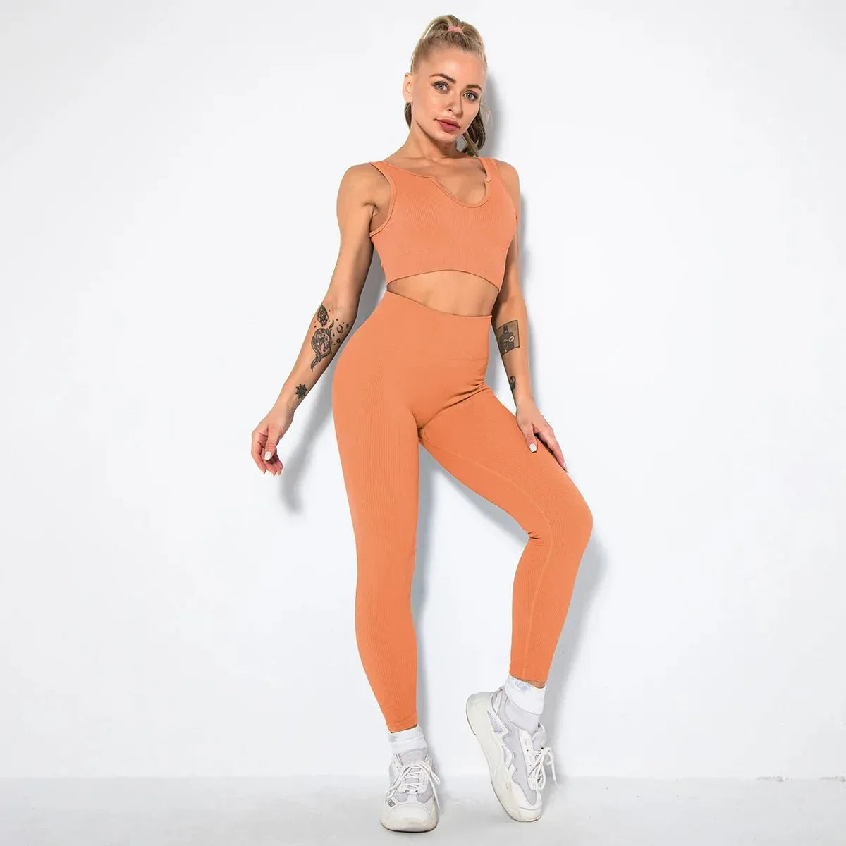Summer Seamless Fitness Set - Sexy UV Neck Top With Leggings Activewear 2 Piece Women’s Gym Outfit - Allen-Fitness