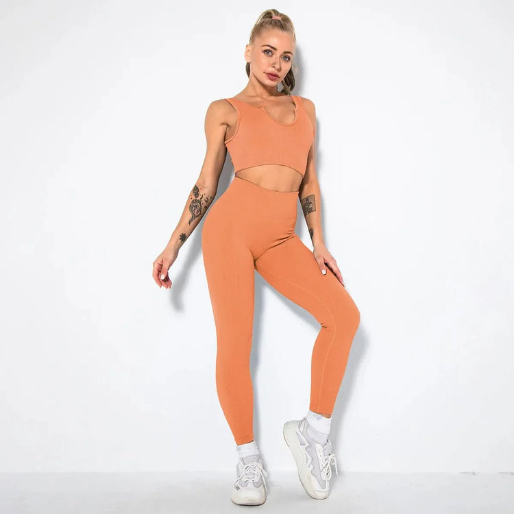 Summer Seamless Fitness Set - Sexy UV Neck Top With Leggings Activewear 2 Piece Women’s Gym Outfit - Allen-Fitness