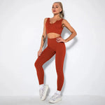 Summer Seamless Fitness Set - Sexy UV Neck Top With Leggings Activewear 2 Piece Women’s Gym Outfit - Allen-Fitness