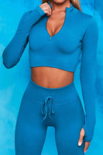 Front Zip Long Sleeve Crop Top Seamless Ribbed Texture Full Length High Waist Workout Fitness Legging workout clothes set - Allen-Fitness