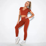 Summer Seamless Fitness Set - Sexy UV Neck Top With Leggings Activewear 2 Piece Women’s Gym Outfit - Allen-Fitness