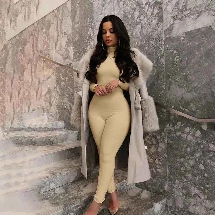 Fall Solid Long Sleeves yoga Rompers Women Ladies jogging wear new style One Piece stretch bodycon Jumpsuit - Allen-Fitness
