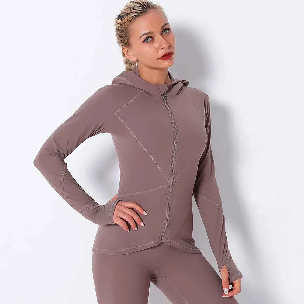 Women Autumn Zipper Design Long Sleeve Gym Fitness Running Jogger Outfit With Hood - Allen-Fitness