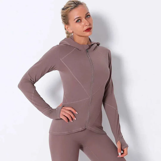 Women Autumn Zipper Design Long Sleeve Gym Fitness Running Jogger Outfit With Hood - Allen-Fitness