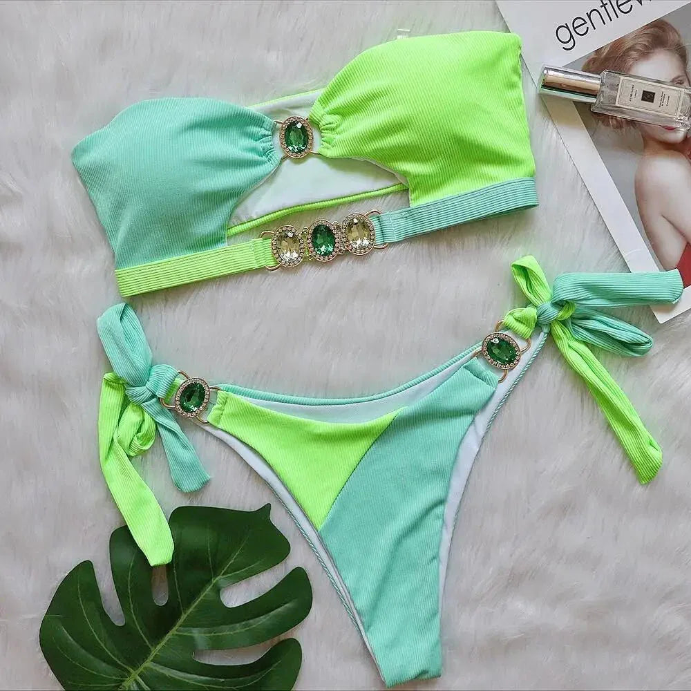 Shiny Crystal Diamonds 2-Piece Women Swimwear Set with Rhinestone Tie - Allen-Fitness