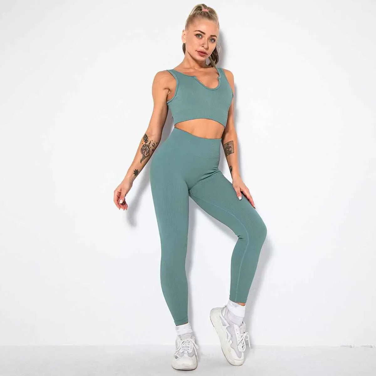 Seamless Sexy 2 Piece Active Wear Set - Women's U V Neck Gym Leggings & Top for Yoga & Fitness - Allen-Fitness