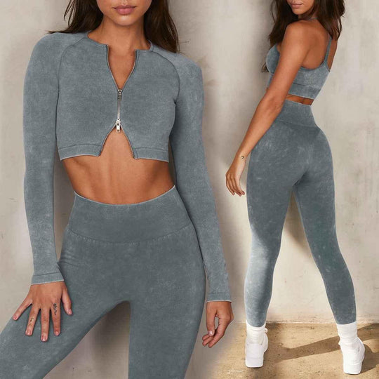 women workout zipper long sleeve tops suit halter sport bra and shorts 5 piece yoga leggings set - Allen-Fitness