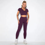 Summer Seamless Fitness Set - Sexy UV Neck Top With Leggings Activewear 2 Piece Women’s Gym Outfit - Allen-Fitness