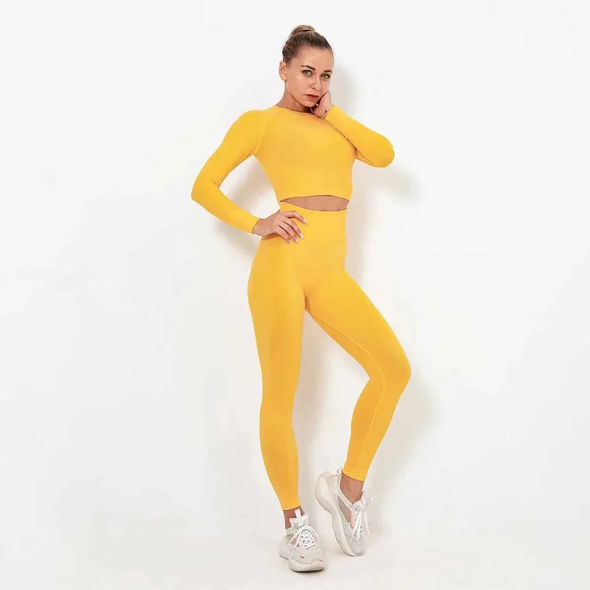 Women Seamless Long Sleeve Top And Leggings Set Yoga Workout Suit - Allen-Fitness