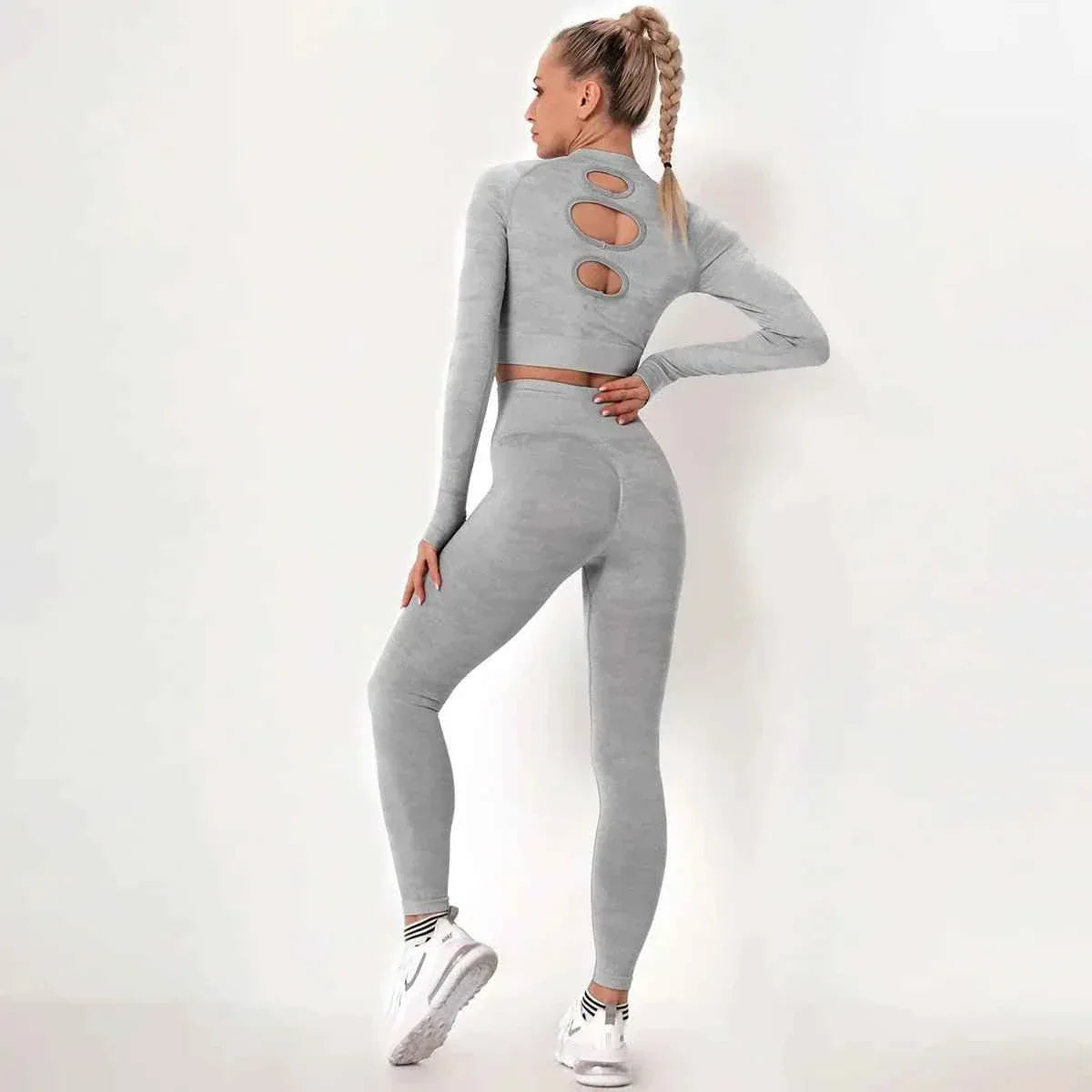 Women’s Camouflage Activewear Yoga Suit - 2 Pc Backless Long Sleeve Top & Seamless Leggings Set - Workout Clothes for Women - Allen-Fitness