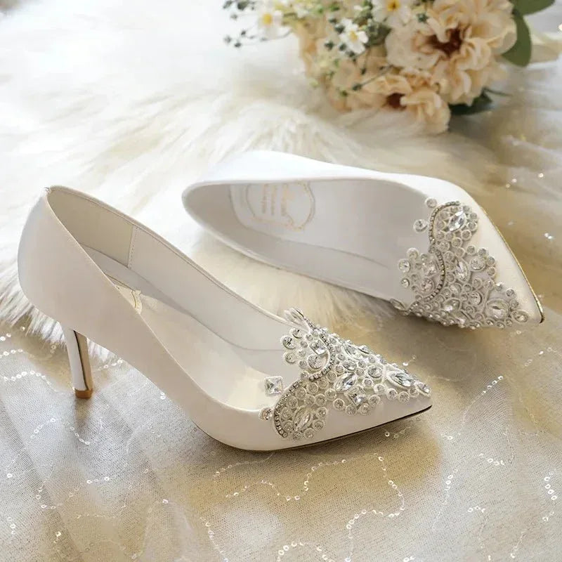 Women Wedding Shoes Point Toe Rhinestone Buckle Stilettos Ladies Banquet Women Pump Spring Autumn 7cm-9cm Satin High Heel Pumps - Allen-Fitness