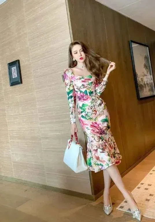 Spring Women's Retro Mid-Length Dress - Long Sleeve, Printed, Tight & Casual - Allen-Fitness