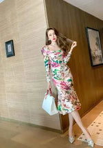 Spring Women's Retro Mid-Length Dress - Long Sleeve, Printed, Tight & Casual - Allen-Fitness