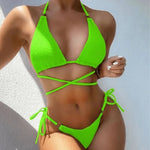 Summer Women Solid Sexy Ladies Split Nylon Swimsuit Beach Wearing Swimwear Two Piece Triangle Thong Ribbed Micro Bikini Set - Allen-Fitness