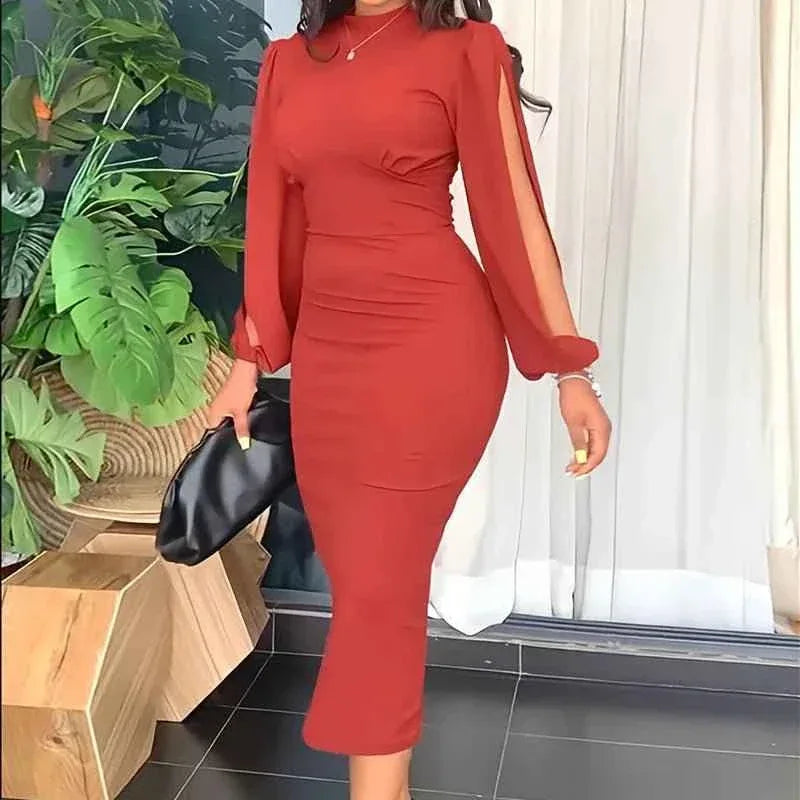 Puff Sleeve Bodycon Midi Dress - Elegant Office Dresses for Women - Allen-Fitness
