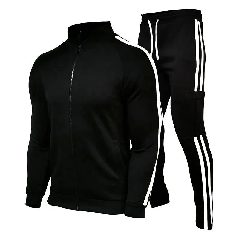 Men's Jogging Plus Size Sport Set with Three Stripes Zippered Collar - Outdoor Fitness Suit - Allen-Fitness