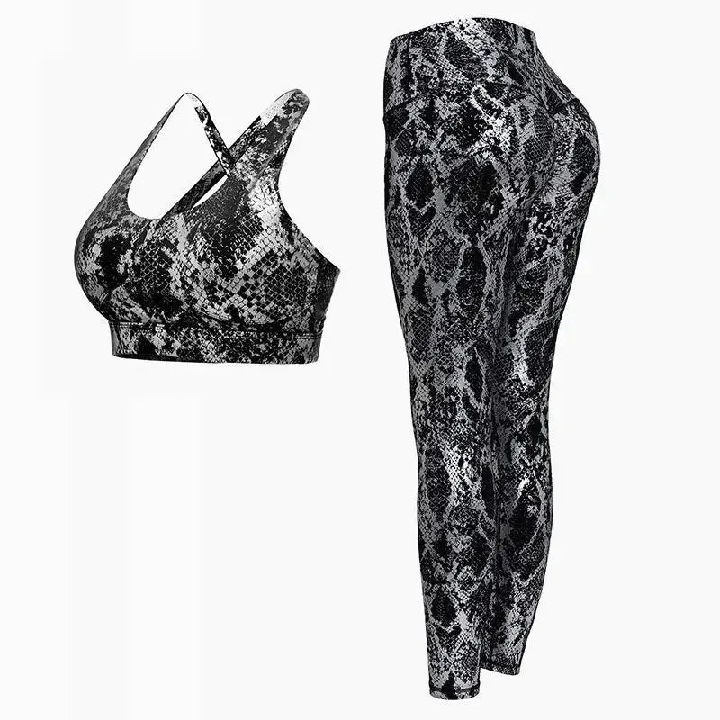 Fitness Sport Bra and Yoga Pants Set Snake Skin Gold Printing - Allen-Fitness