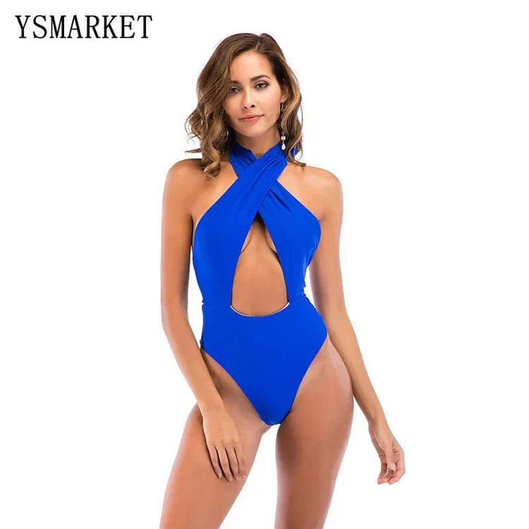 Sexy Lady Hanging Neck One-Piece Swimsuit - Solid Color - Womens Swimwear - Allen-Fitness