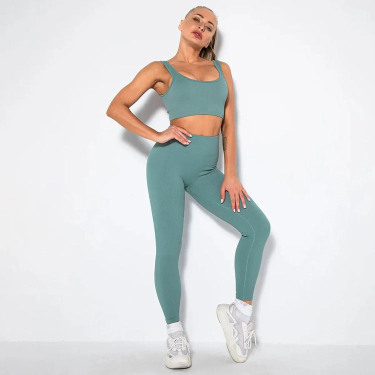 Summer Seamless Fitness Set - Sexy UV Neck Top With Leggings Activewear 2 Piece Women’s Gym Outfit - Allen-Fitness
