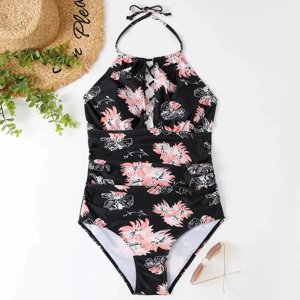 Hot Summer One Piece Swimsuit Sexy Floral Printed Women Halter Lace Up Swimwear Bathing Suit - Allen-Fitness