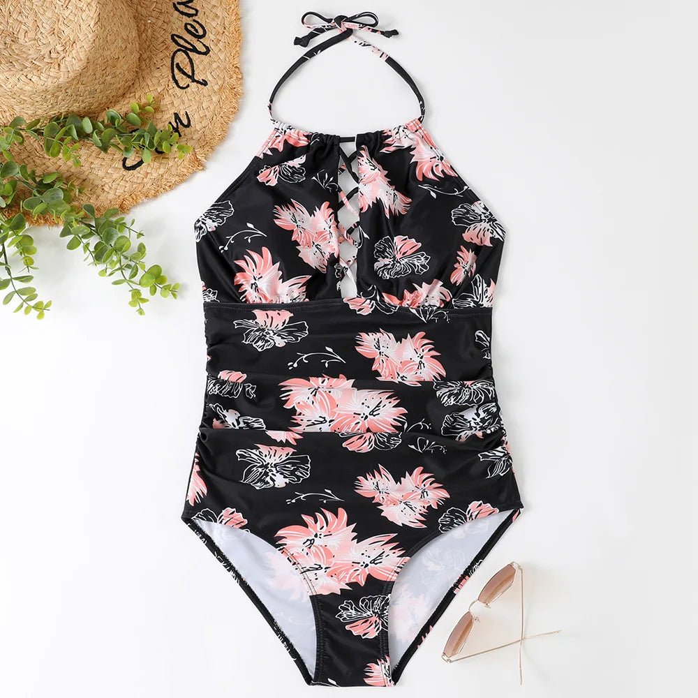 Hot Summer One Piece Swimsuit Sexy Floral Printed Women Halter Lace Up Swimwear Bathing Suit - Allen-Fitness