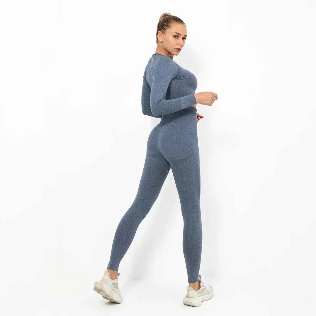 Women Seamless Long Sleeve Top And Leggings Set Yoga Workout Suit - Allen-Fitness