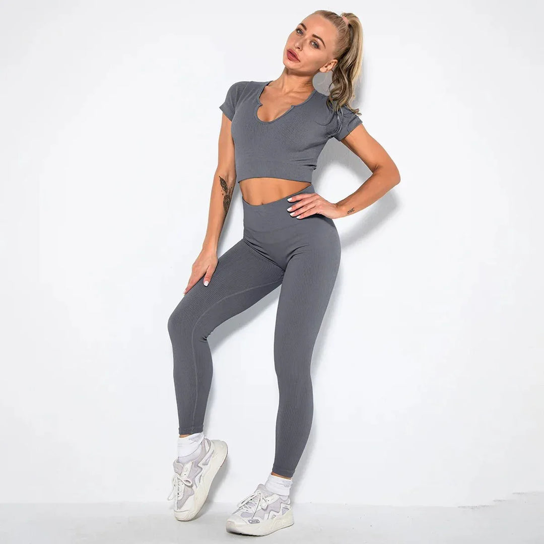 Summer Seamless Fitness Set - Sexy UV Neck Top With Leggings Activewear 2 Piece Women’s Gym Outfit - Allen-Fitness