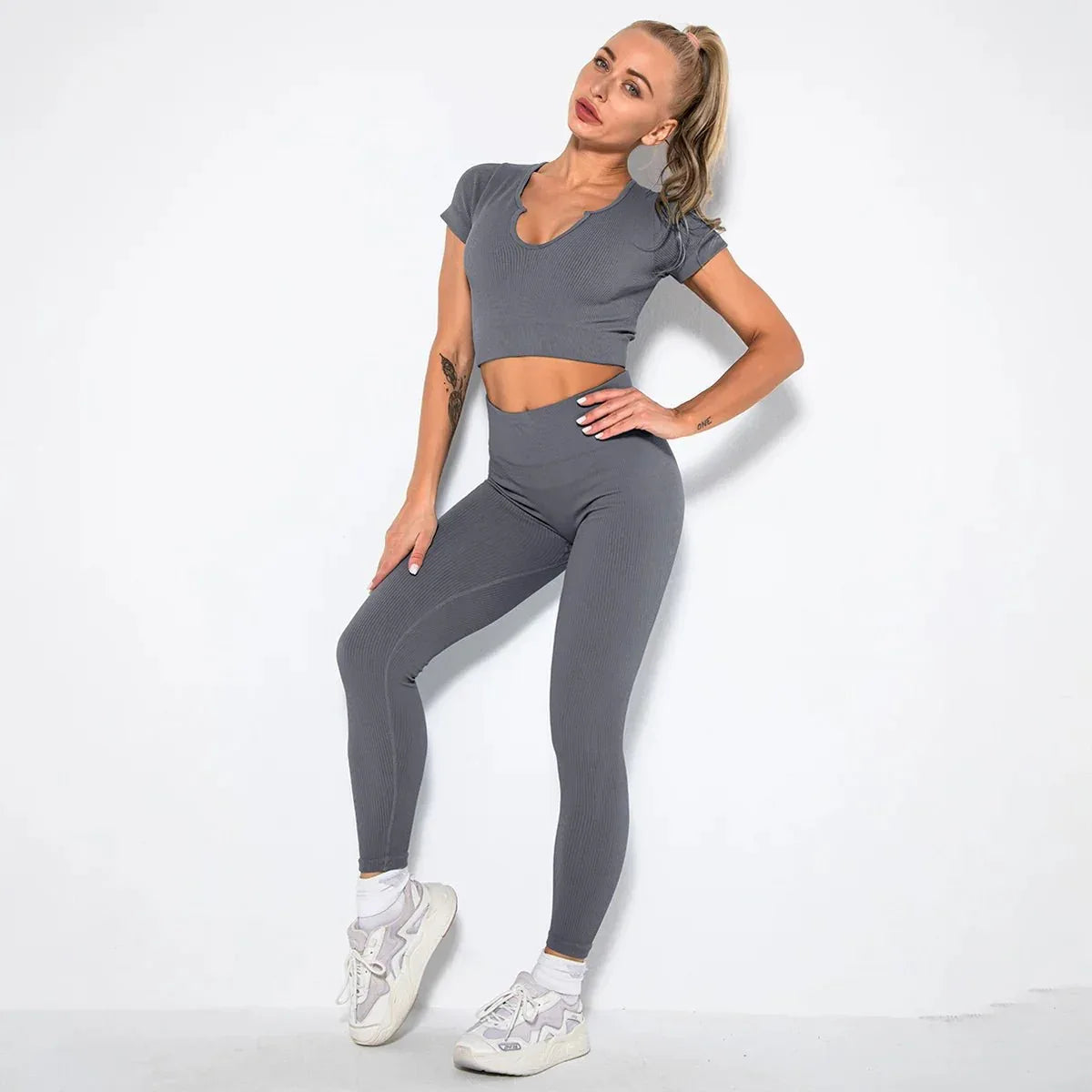 Summer Seamless Fitness Set - Sexy UV Neck Top With Leggings Activewear 2 Piece Women’s Gym Outfit - Allen-Fitness