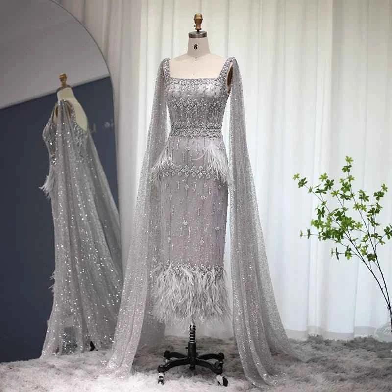 Gray Mermaid Arabic Evening Dress with Cape - Luxurious Feather Cape & Elegant Design - Women Wedding Party Dress - Allen-Fitness